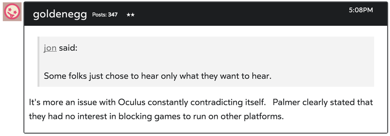 Screenshot from Oculus message boards